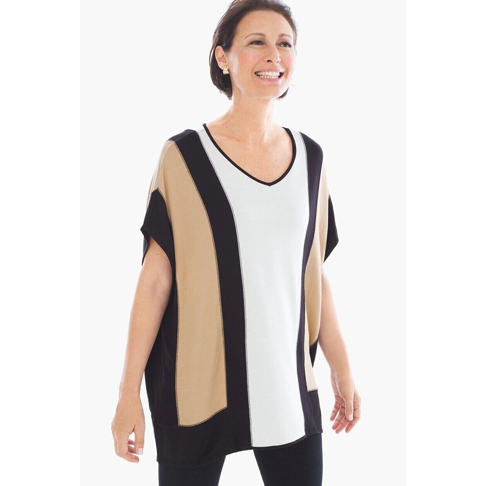 Zenergy‎ by Chico's White Sadie V-Neck Colorblock Poncho Tunic Top Womans Sz S/M